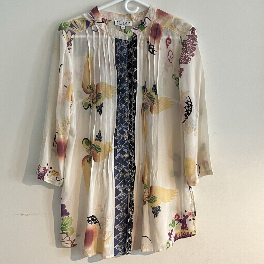 Citron‎ Santa Monica Silk Tunic Top M Ivory Button Down Dragon Crane Art to Wear